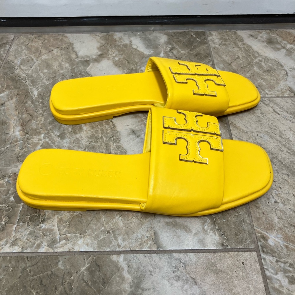 Tory Burch Double T Sport Women's Leather Slide Sandals Yellow Mustard SIZE 9.5 - Picture 6 of 8